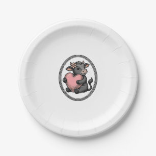 Cute Cow Heart Vintage Engraving Farm Shirt Paper Plate