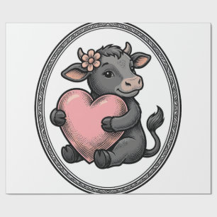 Cute Cow Heart Vintage Engraving Farm Shirt Wrapping Paper