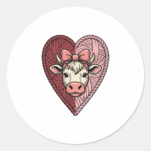 Cute Cow Heart Yarn Vintage Engraving Design_1 Classic Round Sticker