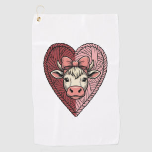 Cute Cow Heart Yarn Vintage Engraving Design_1 Golf Towel