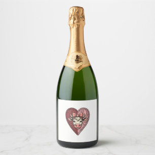 Cute Cow Heart Yarn Vintage Engraving Design_1 Sparkling Wine Label