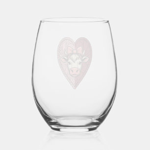 Cute Cow Heart Yarn Vintage Engraving Design_1 Stemless Wine Glass