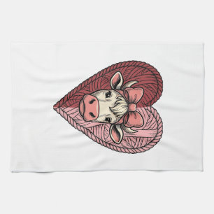 Cute Cow Heart Yarn Vintage Engraving Design_1 Tea Towel