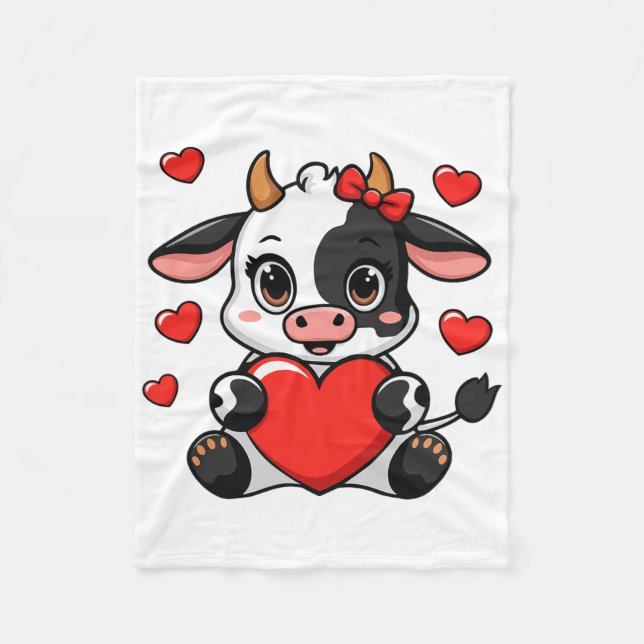 Cute Cow Holding Heart Happy Valentine's Day Kids  Fleece Blanket (Front)