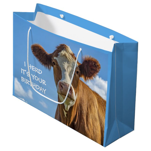 Cute Cow I Herd it's Your Birthday Large Gift Bag (Front Angled)