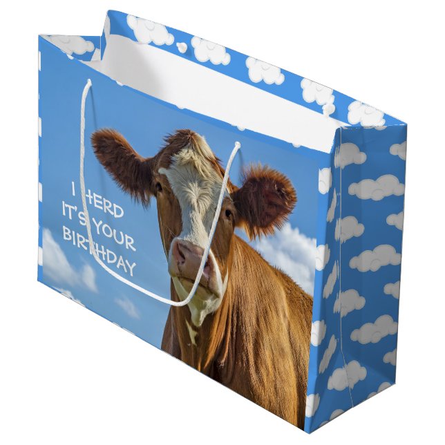 Cute Cow I Herd it's Your Birthday Large Gift Bag (Front Angled)