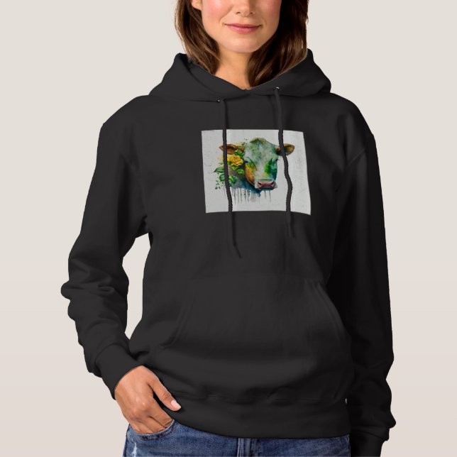 Cute Cow Illustration Flowers Laefy Green Women Me Hoodie (Front)