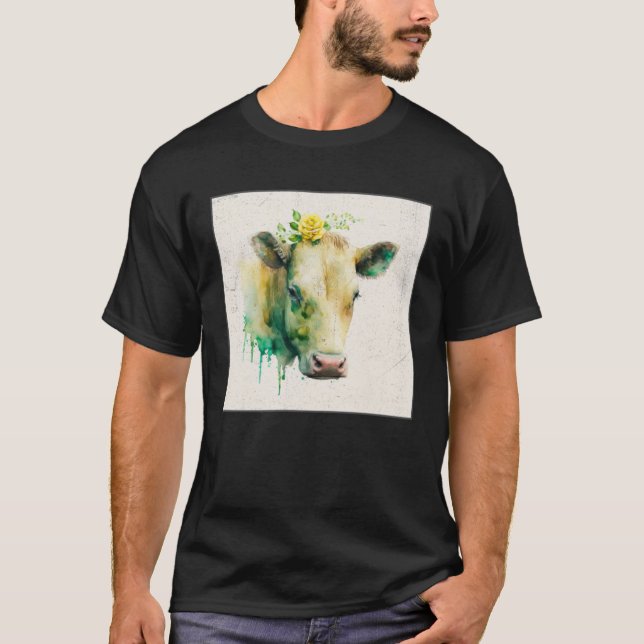 Cute Cow Illustration Flowers Laefy Green Women Me T-Shirt (Front)