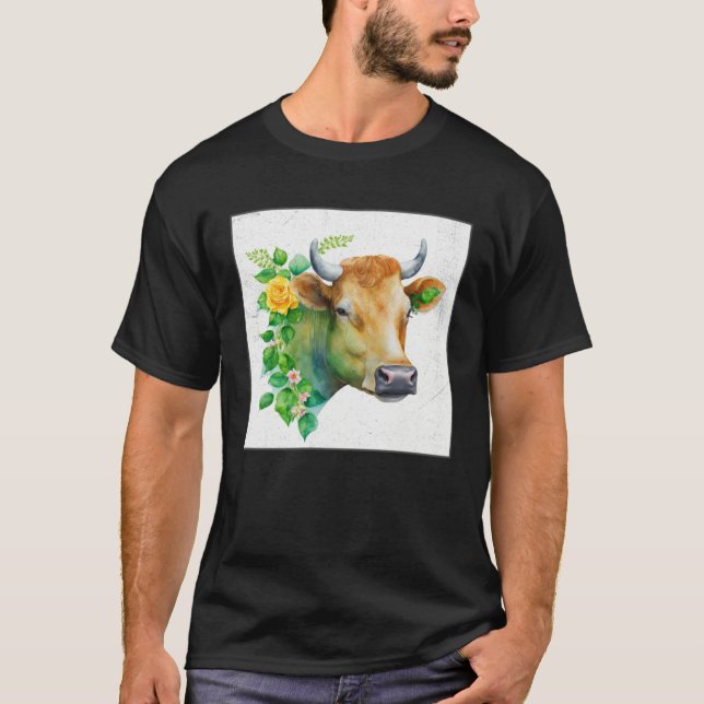 Cute Cow Illustration Flowers Laefy Green Women Me T-Shirt (Front)
