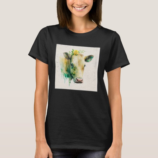 Cute Cow Illustration Flowers Laefy Green Women Me T-Shirt (Front)