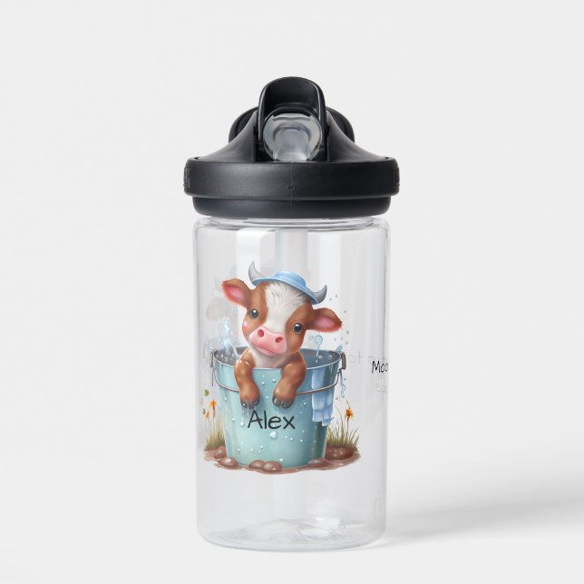 Cute Cow in a Bucket 1st Grade Name Personalised  Water Bottle (Front)