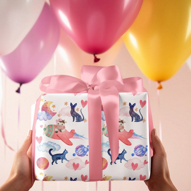 Cute Cow in Aeroplane,Space, Cats, Moon, Whimsical Wrapping Paper (Creator Uploaded)