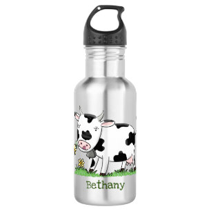 Cute cow in green field cartoon illustration 532 ml water bottle