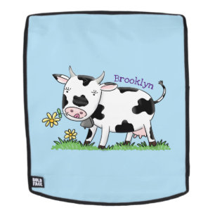 Cute cow in green field cartoon illustration backpack