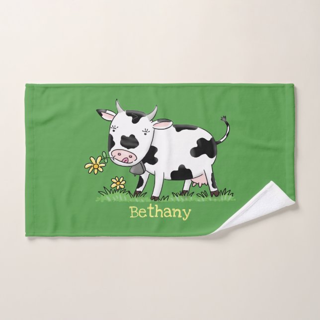 Cute cow in green field cartoon illustration bath towel set (Hand Towel)