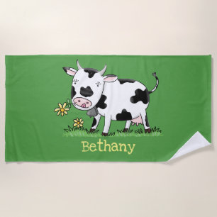 Cute cow in green field cartoon illustration beach towel