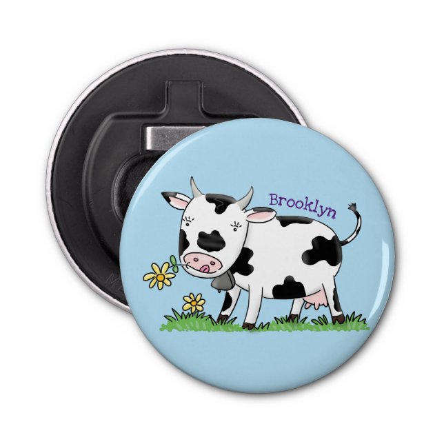 Cute cow in green field cartoon illustration bottle opener (Front)