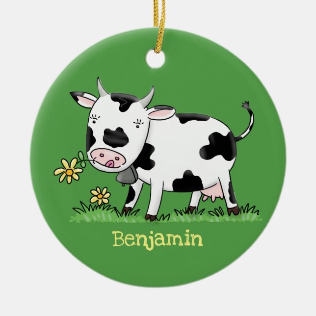 Cute cow in green field cartoon illustration ceramic ornament (Front)