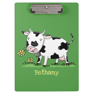 Cute cow in green field cartoon illustration clipboard