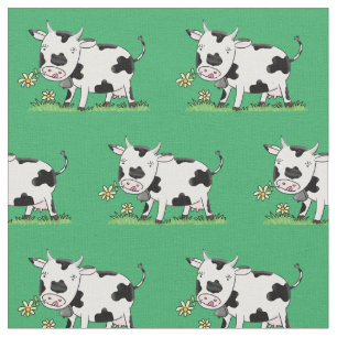 Cute cow in green field cartoon illustration fabric