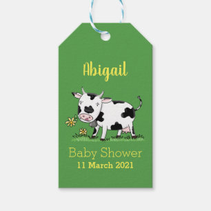 Cute cow in green field cartoon illustration gift tags