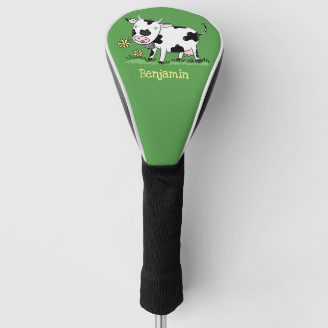 Cute cow in green field cartoon illustration golf head cover (Front)
