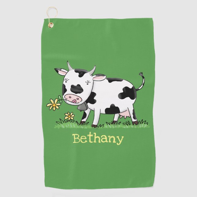 Cute cow in green field cartoon illustration golf towel (Front)