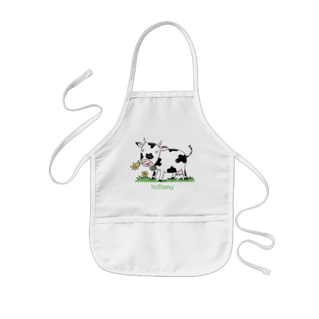 Cute cow in green field cartoon illustration kids apron (Front)
