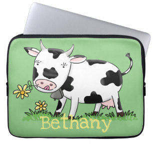Cute cow in green field cartoon illustration laptop sleeve