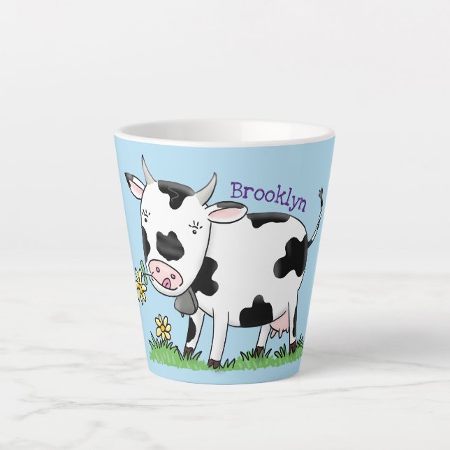 Cute cow in green field cartoon illustration latte mug (Front)