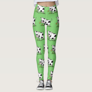 Cute cow in green field cartoon illustration leggings