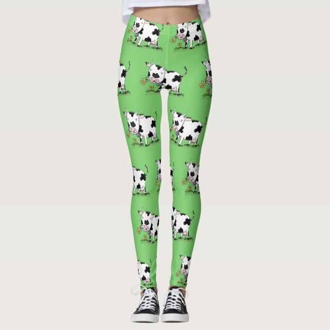Cute cow in green field cartoon illustration leggings (Front)