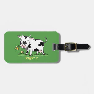 Cute cow in green field cartoon illustration luggage tag