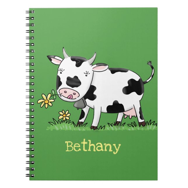 Cute cow in green field cartoon illustration notebook (Front)