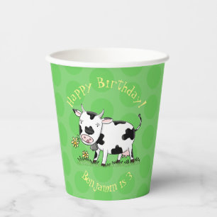 Cute cow in green field cartoon illustration  paper cups