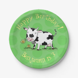 Cute cow in green field cartoon illustration paper plate