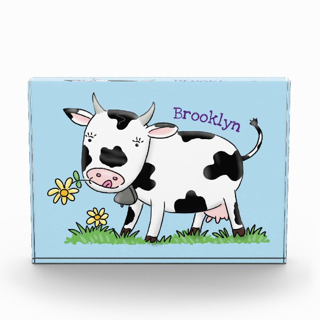 Cute cow in green field cartoon illustration photo block (Front)