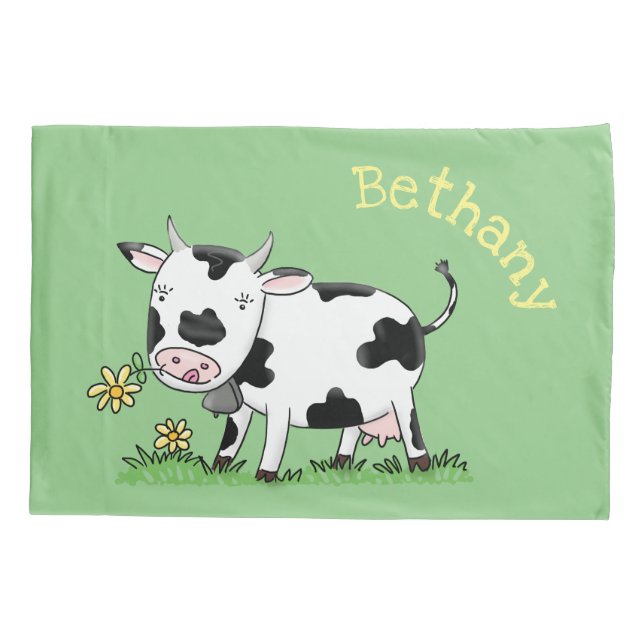 Cute cow in green field cartoon illustration pillowcase (Back)