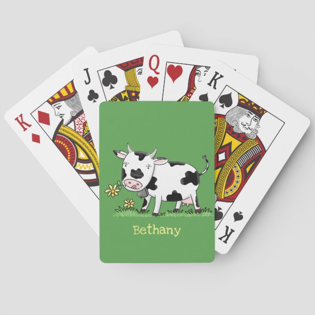 Cute cow in green field cartoon illustration playing cards (Back)