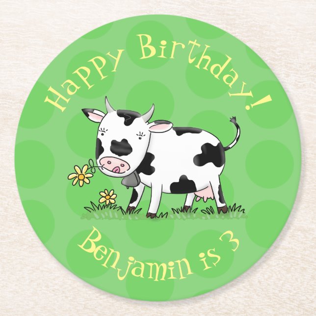 Cute cow in green field cartoon illustration round paper coaster (Front)