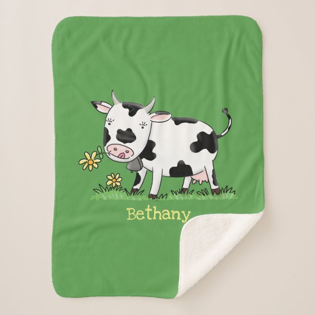 Cute cow in green field cartoon illustration sherpa blanket (Front)