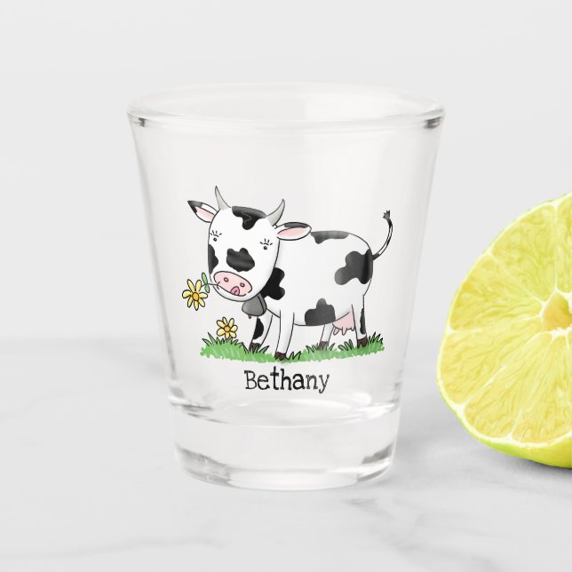 Cute cow in green field cartoon illustration  shot glass (Front)