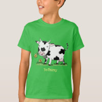 Cute cow in green field cartoon illustration
