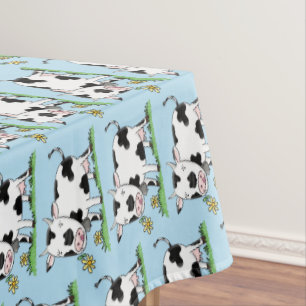 Cute cow in green field cartoon illustration tablecloth