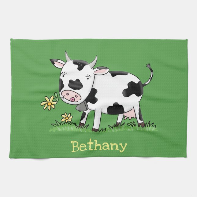 Cute cow in green field cartoon illustration tea towel (Horizontal)
