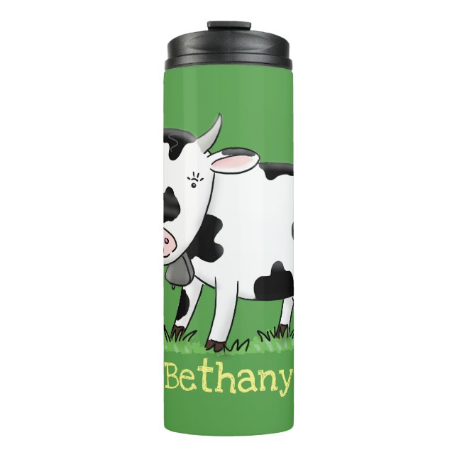 Cute cow in green field cartoon illustration thermal tumbler (Front)