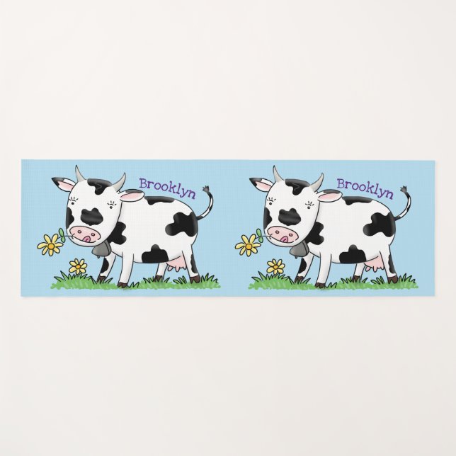 Cute cow in green field cartoon illustration yoga mat (Front (Horizontal))