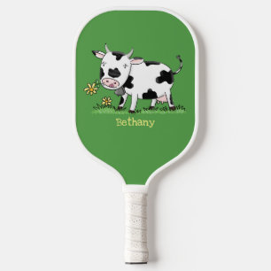 Cute cow in green field cartoon personalised pickleball paddle