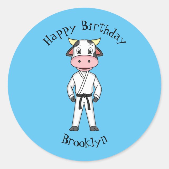 Cute cow in kung fu suit cartoon classic round sticker (Front)