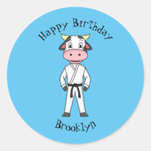 Cute cow in kung fu suit cartoon classic round sticker